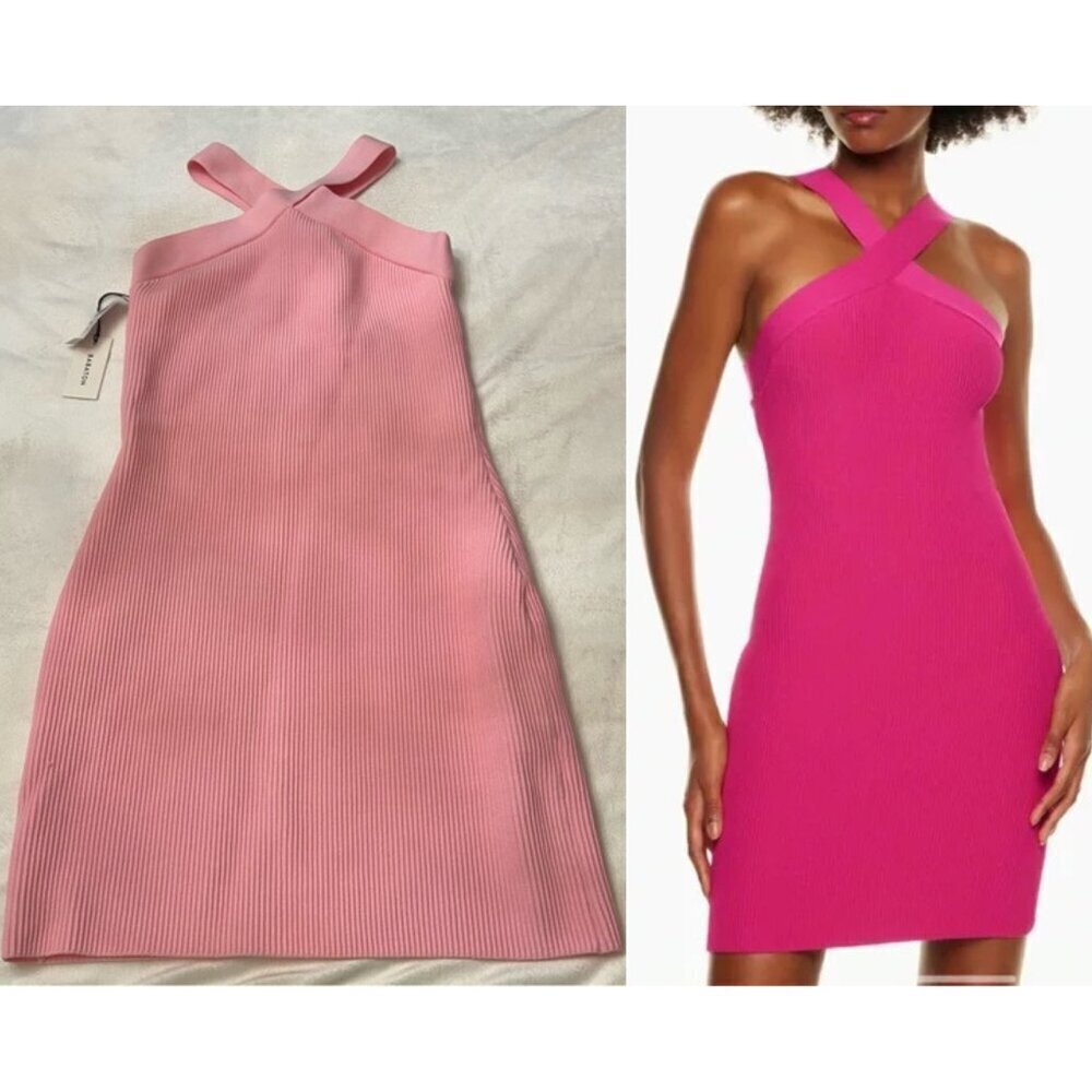 NEW Babaton Aritzia Pink Sculpt Knit Cross Halter Bodycon Mini Dress 3676